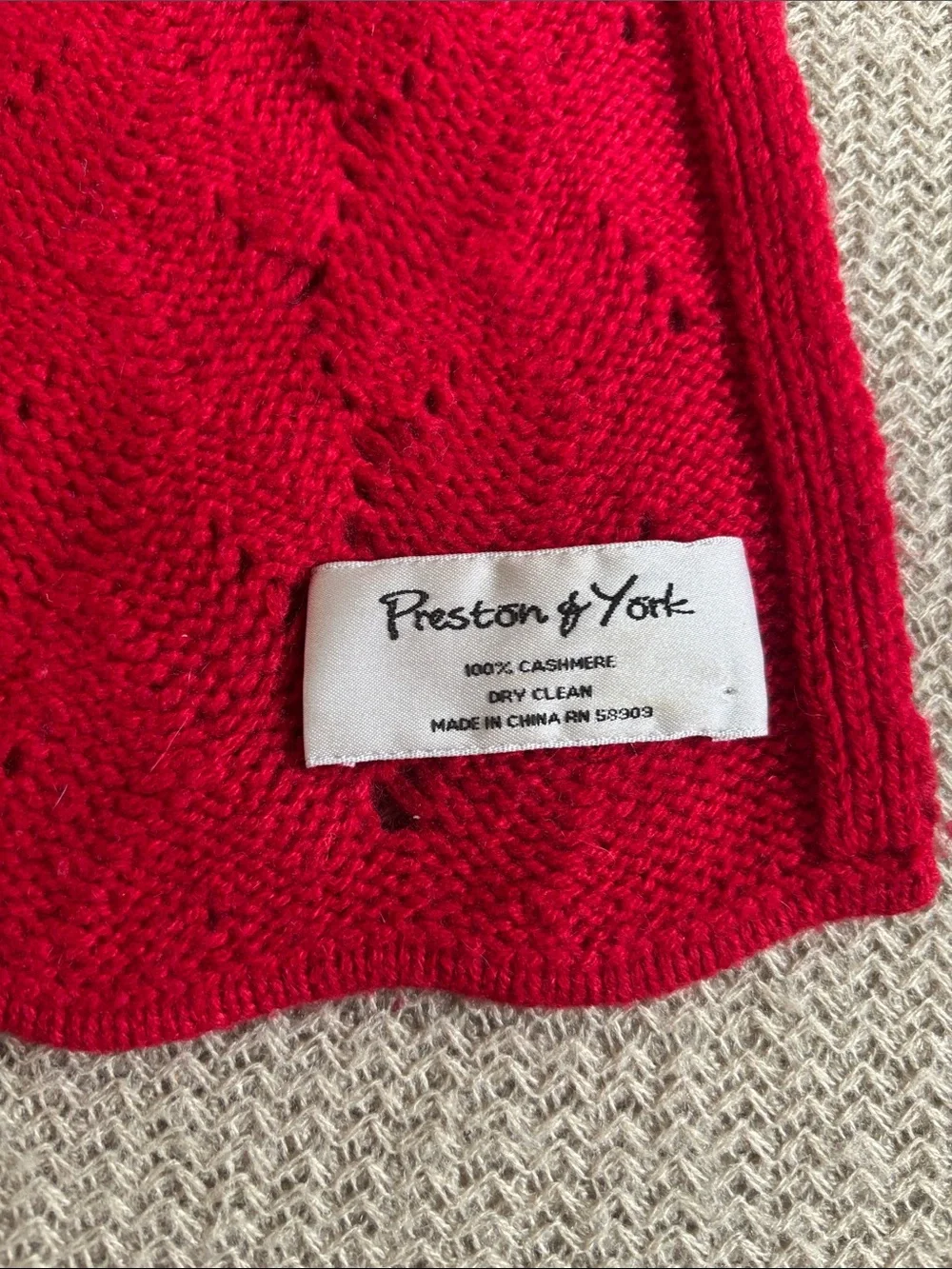 Preston & York Red Knit Cashmere Scarf with Scalloped Edges